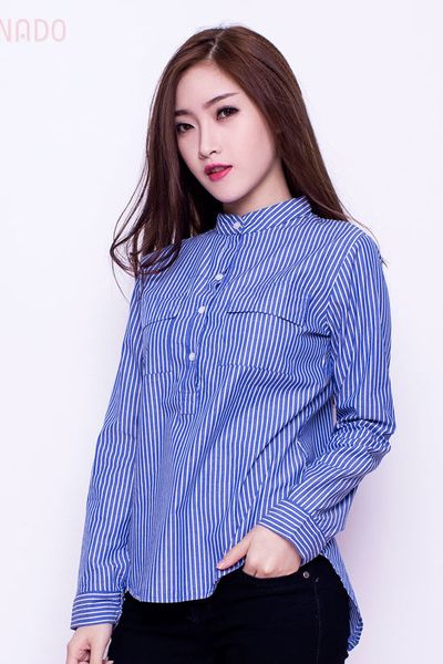 Áo sơ mi nữ cổ trụ sọc dọc