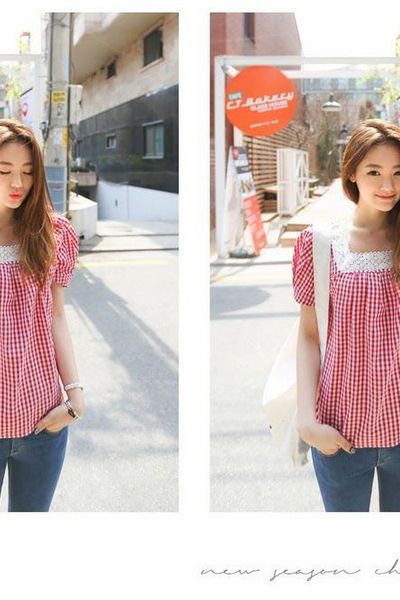 Áo caro phối ren michi - 0488