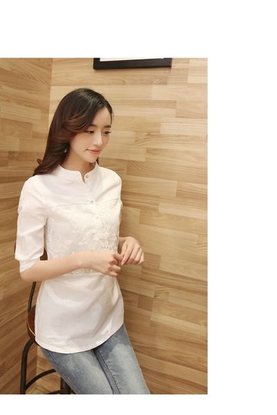 Áo sơmi cổ trụ phối ren hoa nổi - 0651