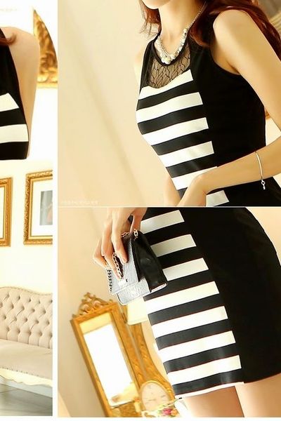 Đầm body sọc phối ren - 0844