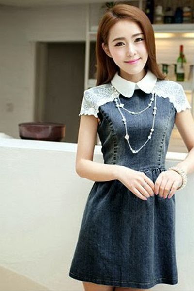 Đầm denim phối ren - 0139