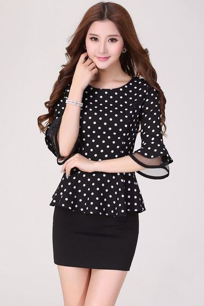 Áo chấm bi peplum tay cách điệu - 0927