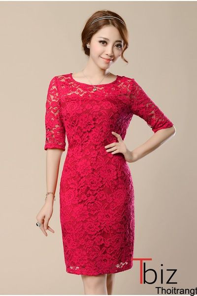 Đầm ren hoa đỏ tay lỡ- dt16 - e180