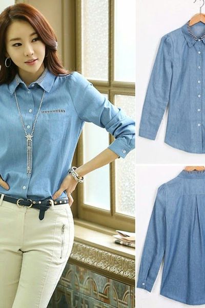 Áo denim phối sọc cổ - mc105 ms1277