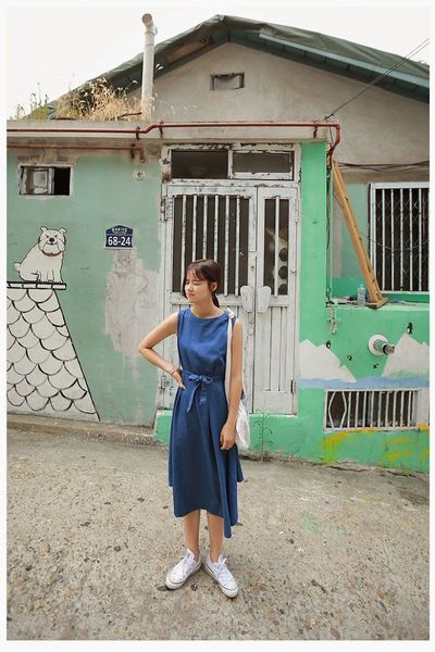 Đầm xòe jean cột nơ