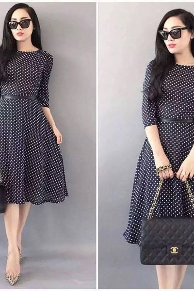 Đầm vintage chấm bi tay lửng kèm dây eo - 1571