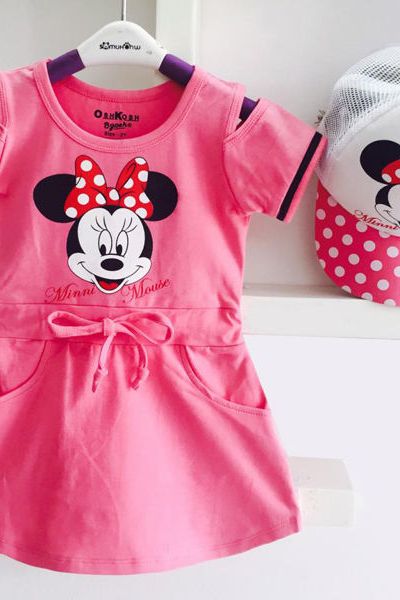 A19807 - đầm thun hở vai in mickey kèm nón lưới oshkoshri 8size 1-8