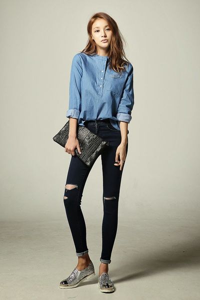 Áo somi denim cổ trụ ms1184