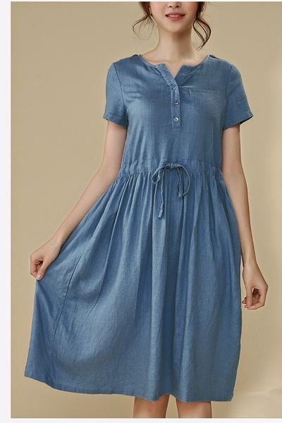 Đầm denim xòe thắt eo - 0796