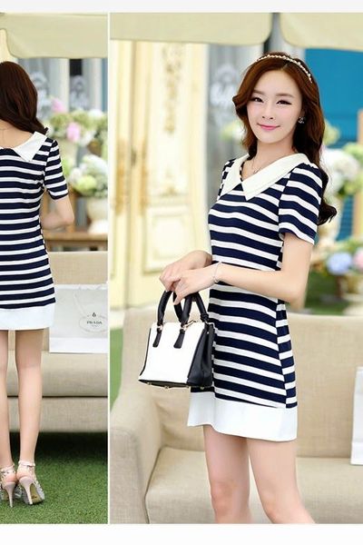 Đầm sọc ngang cổ peter pan - 0720