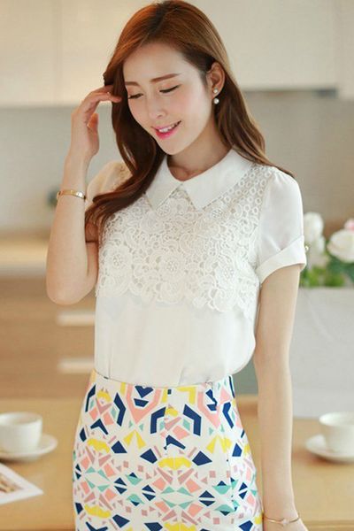 Áo somi cổ sen phối ren - 1460