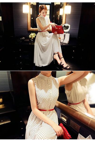 Đầm vintage chấm bi cổ trụ kèm nịt đỏ - d5122
