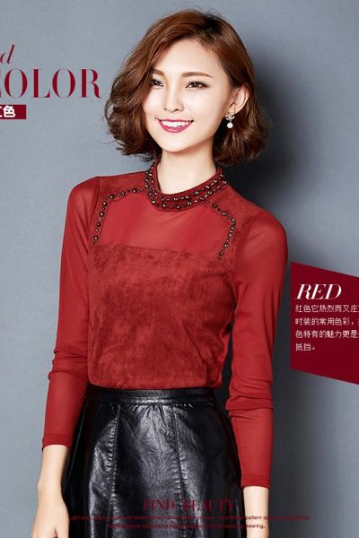 Áo nhung cổ voan đính hạt shishang - dk1008