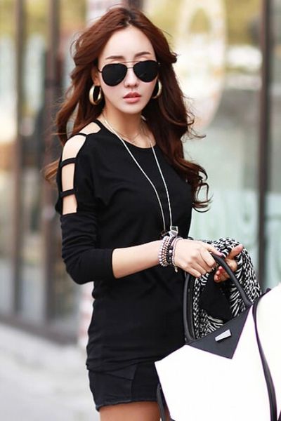 Áo thun cut vai cách điệu tay dài - a3013