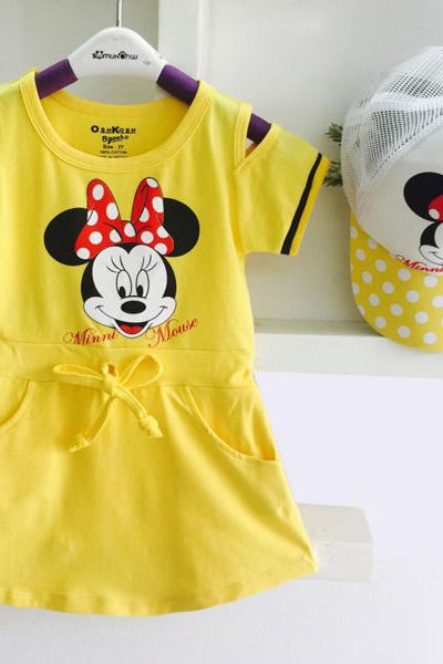 A19807 - đầm thun hở vai in mickey kèm nón lưới oshkoshri 8size 1-8