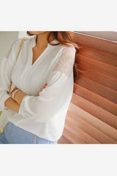 Áo sơ mi cổ trụ phối ren - 0819