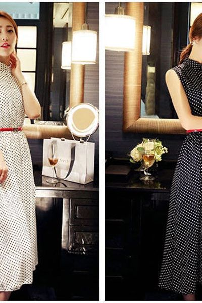 Đầm vintage chấm bi cổ trụ kèm nịt đỏ - d5122