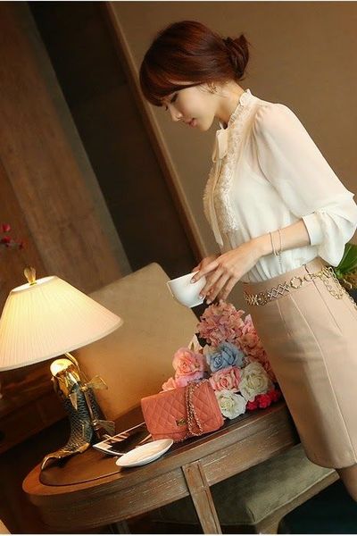 Áo somi phối ren nơ cổ - 0947