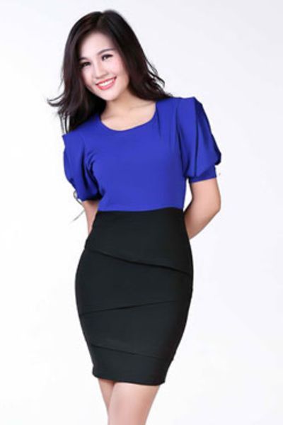 Đầm công sở - xanh bích tay phồng cách điệu - d4190