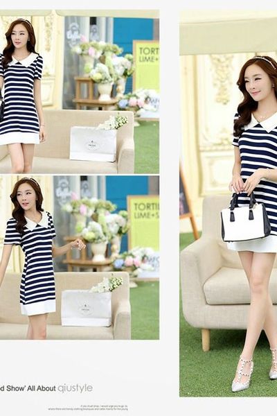 Đầm sọc ngang cổ peter pan - 0720