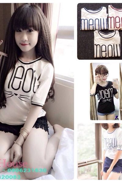Áo pull cổ tròn phối sọc hoạ tiết chữ meow