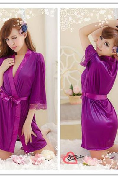 Áo khoác ngủ phi lụa phối ren tay - 1362