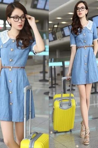Đầm jean cài nút phối ren - 0321