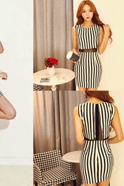 Đầm body sọc kẻ eo lưới - 1346