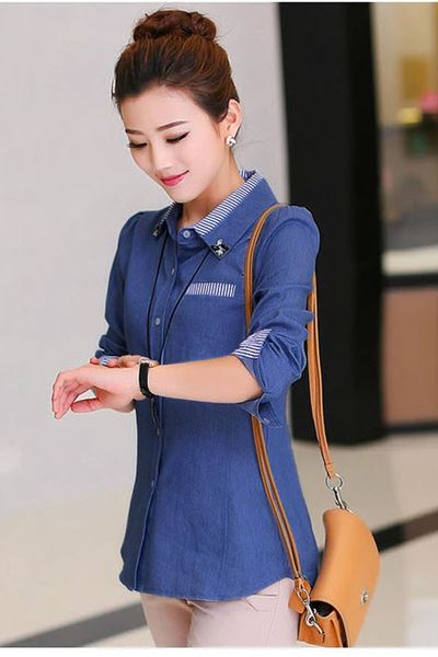 Áo denim phối sọc cổ kết đá - asm3091