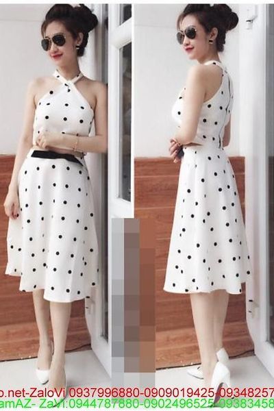 Hot girl việt sét áo kiểu cổ yếm chấm bi và chân váy xòe thời trang ju40