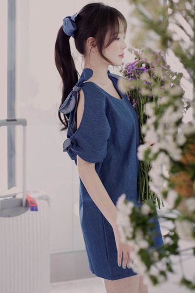 Đầm denim cut out tay nơ - 1577