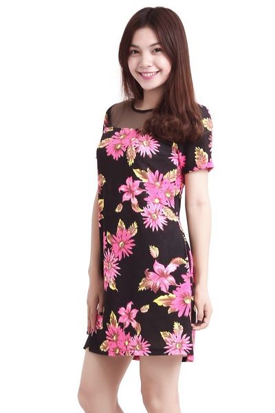 Đầm thun hoa phối lưới - 0510