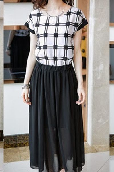 Đầm maxi voan phối caro - 1348