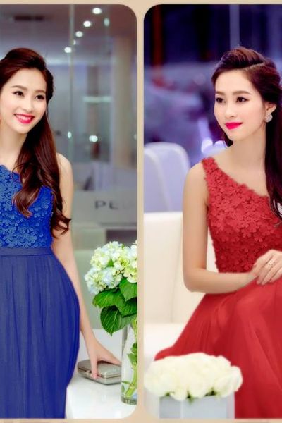 Đầm dạ hội lệch vai hoa hậu thu thảo