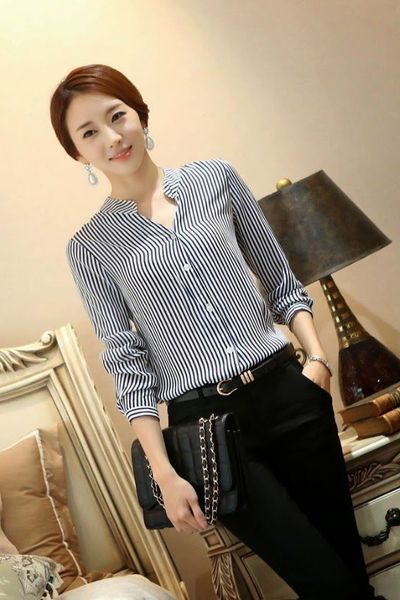 Áo voan sọc kẻ cổ trụ ms0824