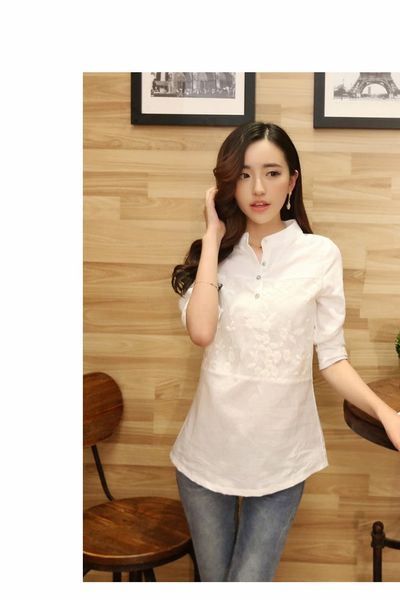 Áo sơmi cổ trụ phối ren hoa nổi - 0651