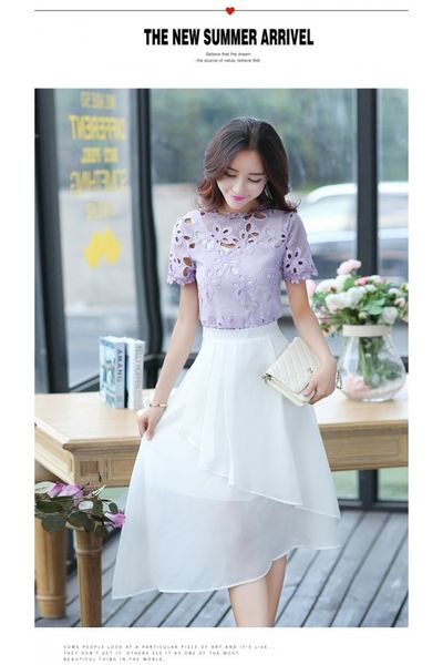 Set áo ren màu tím chân váy trắng dr2446