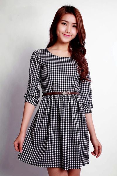 Đầm xoè caro tay lỡ - 0386