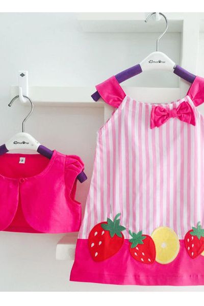 A17261 - đầm kate sọc thêu đắp trái cây kèm áo khoác sicotton oshkoshri 8size 1-8