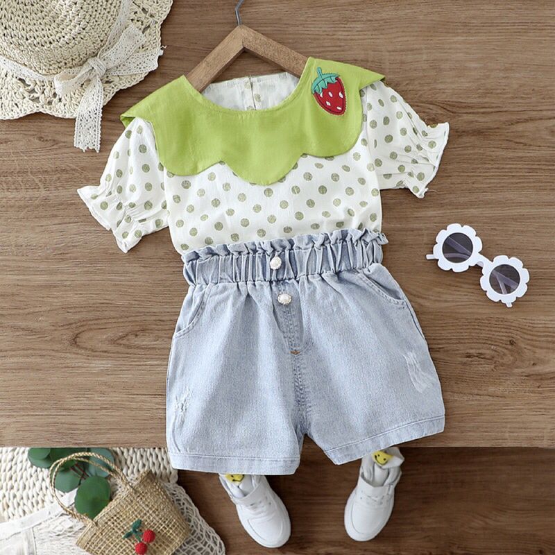 Bộ bé gái quần bó + áo sơ mi chấm bi xanh giá sỉ