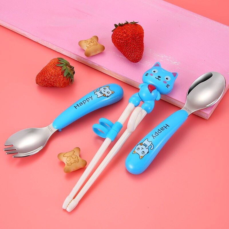 Bộ ăn dặm đũa thìa dĩa inox Happy Cat giá sỉ