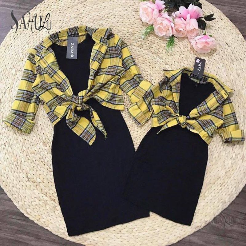 Set đầm kèm sơ mi caro mẹ bé giá sỉ